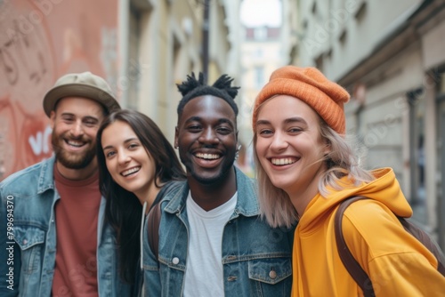 multiethnic group of friends smiling and looking at camera in city