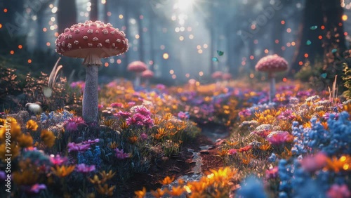 Beautiful mushrooms with butterfly in the forest, 4k video background  photo