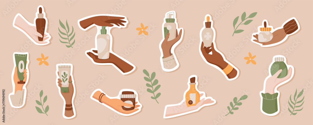 Flat natural makeup cream tube in hand sticker set, colorful cartoon skin care shampoo jar label pack, organic beauty product set, minimal moisturizing bodycare oil bottle, vector illustration. Flat natural makeup cream tube in hand sticker set, colorful cartoon skin care shampoo jar label pack, organic beauty product set, minimal moisturizing bodycare oil bottle, vector illustration.