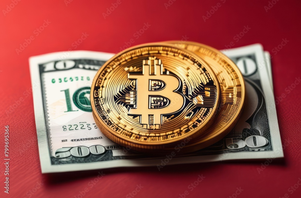 Bitcoin lying on top of a pile of dollar euro banknotes. Exchange US dollars for bitcoin. Cryptocurrency on dollar bills. Digital method of payment. Concept of virtual money. a Bitcoin coin is on top