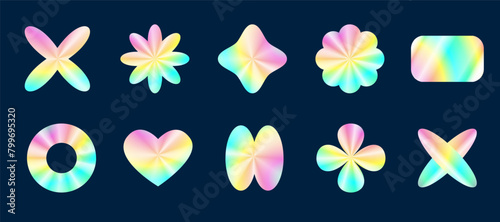Y2K aesthetics Holographic abstract shape set. Iridescent foil adhesive film,  holography elements, holo texture
