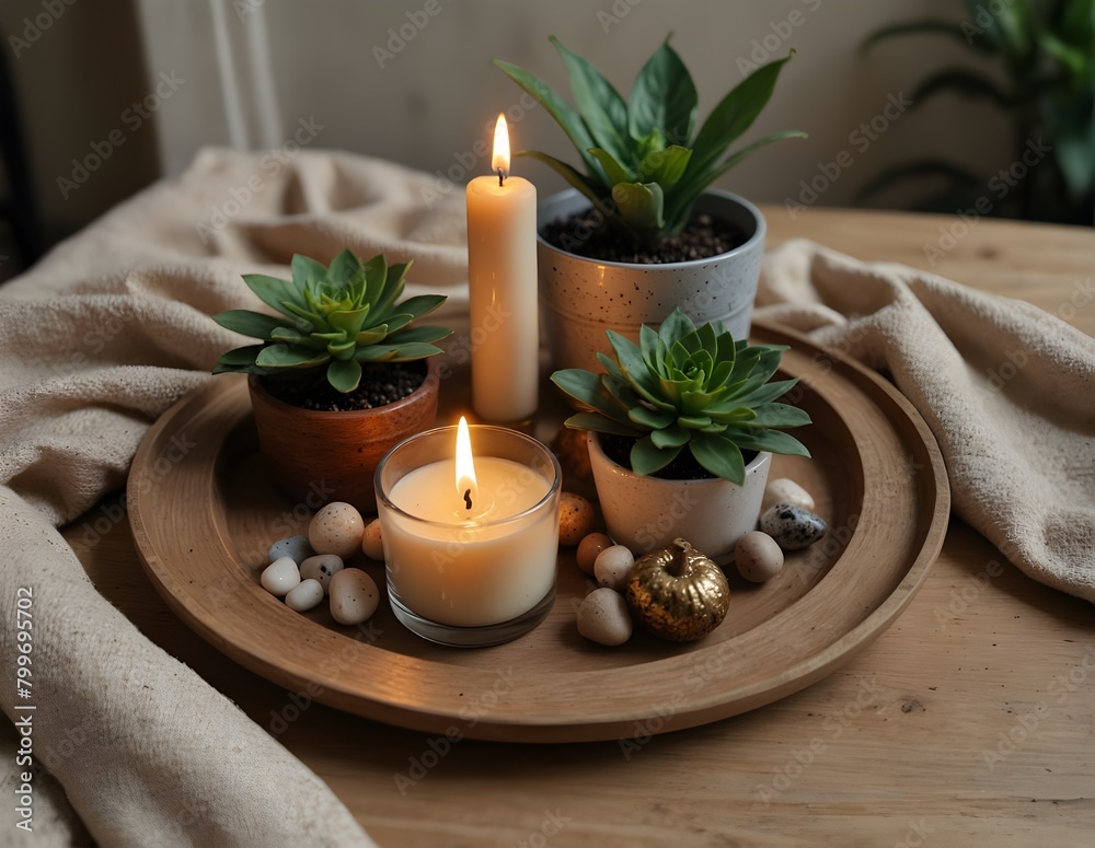 Decorative tray with candle, house plant and trinkets.