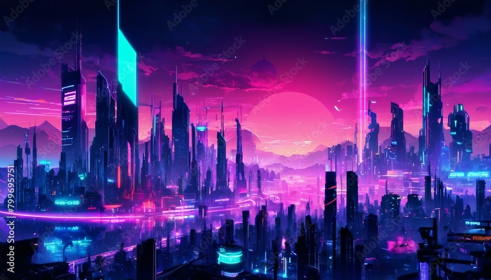 Cyberpunk-inspired background with futuristic cityscapes and neon lights.
