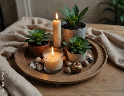 Decorative tray with candle  house plant and trinkets.