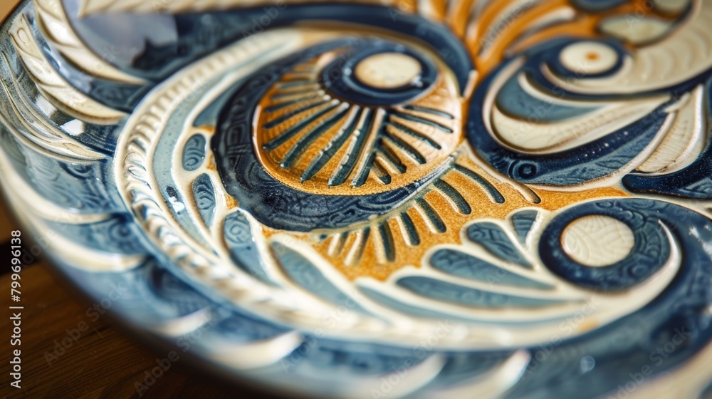 A handpainted ceramic plate with a layered design of swirling patterns showcasing the artists precision and skill..