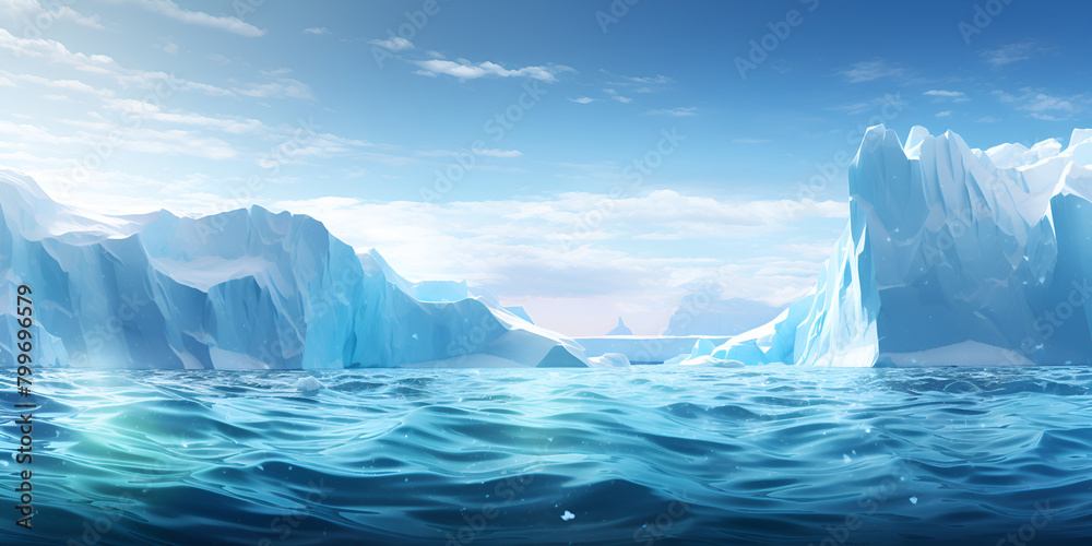 An iceberg concealed beneath turquoise waters serves on a blue background
