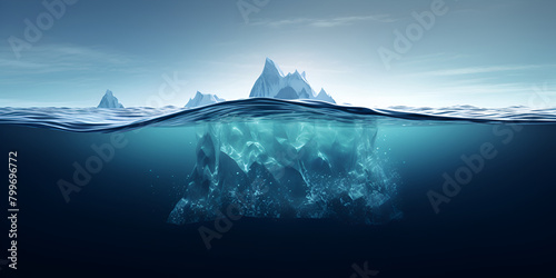 Iceberg in the ocean with a view under water frozen world background 