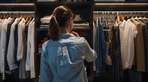 young woman standing in a walkin wardrobe looking at her clothes photo