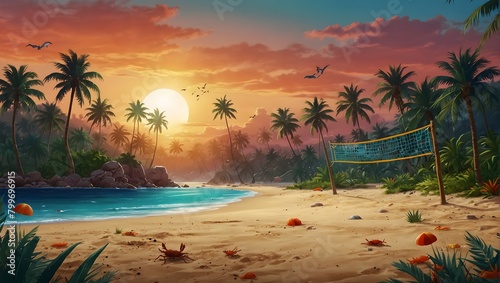A vibrant cartoon tropical beach with palm trees swaying and crabs playing volleyball ai_generated photo