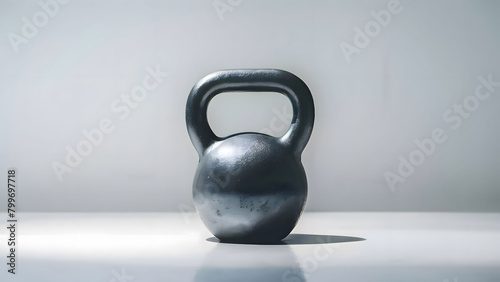 one black metal kettlebell for sports on a white background