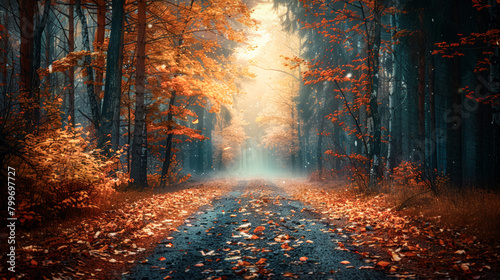 An inspiring image of a forest path leading through the autumn forest.