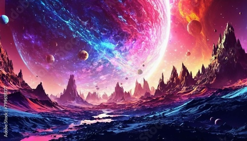 Abstract space exploration background with cosmic landscapes and sci-fi elements.