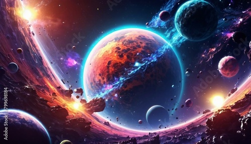 Abstract space exploration background with cosmic landscapes and sci-fi elements.