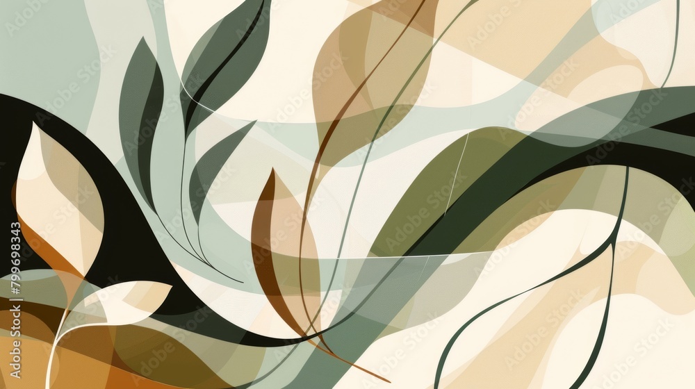 Fototapeta premium Abstract shapes and lines in muted shades of brown and green evoke the peaceful sound of a forest in springtime..