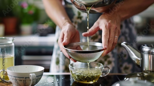 A woman using a strainer to filter out the herbs from a freshly brewed infusion before pouring it into a teacup.