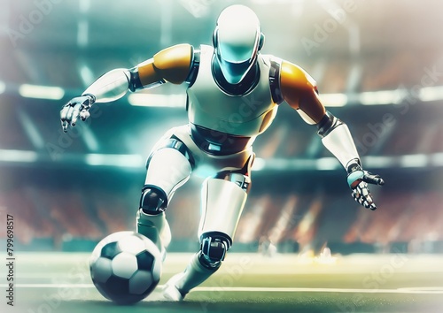 スポーツの概念でスタジアムでサッカーをする人型ロボット	