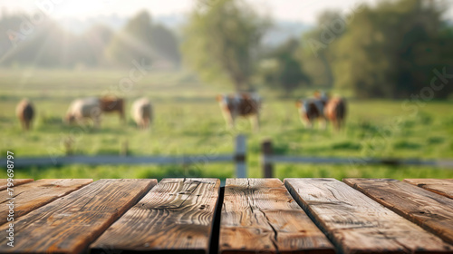 Wooden board with cows in the background created with Generative Ai technology