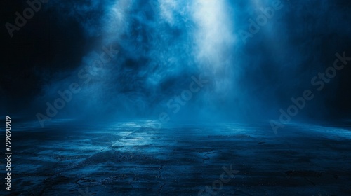 Dark street reflections of rays in the water. Abstract dark blue background with smoke. Empty dark scene  neon light  Concrete floor for advertisement 