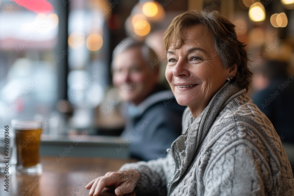 Portrait of happy senior woman sitting at table in pub, looking at camera. Portrait of happy senior woman sitting at table in pub, looking at camera.
