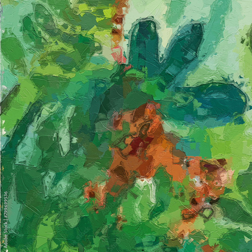 Fototapeta premium Oil painting and various flowers, leaves, dogs, chrysanthemums, birds, beautiful wedding illustrations