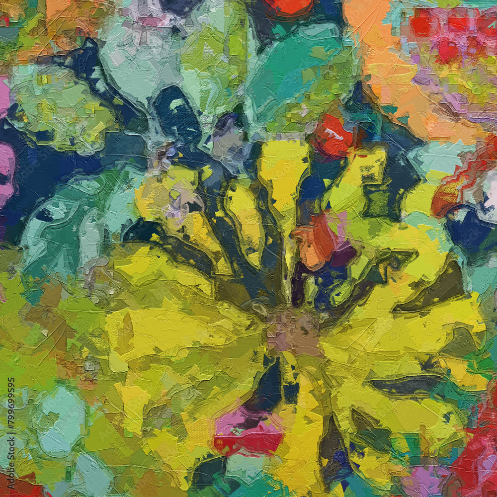 Fototapeta premium Oil painting and various flowers, leaves, dogs, chrysanthemums, birds, beautiful wedding illustrations