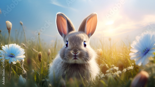 Rabbit with easter eggs on a flower field fluffy decorations with greenry background 