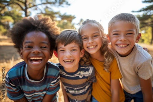 Portrait of smiling children standing together in forest on a sunny day