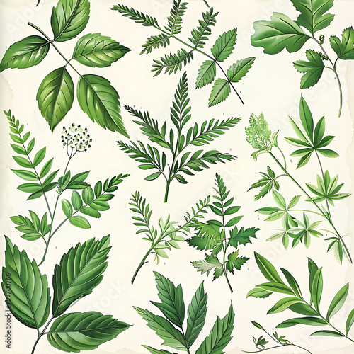 botanical pattern of green leaves on isolated background