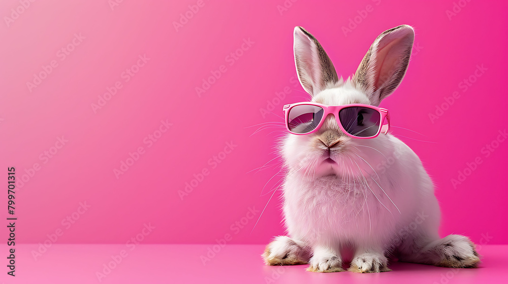A cute funny bunny wearing sunglasses, chilling on a vibrant pink background