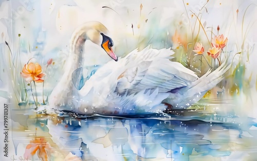 Cute swan watercolor painting