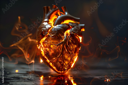 An anatomical heart engulfed in flame, resting on a black, reflective surface. The flames form abstract shapes, hinting at themes of love