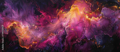 Layers of coral pink and golden yellow swirling together amidst a sea of amethyst and sapphire, their brilliance accentuated by the velvety black canvas.