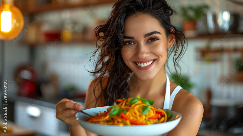 Culinary Delight: Woman Presenting a Plate of Pasta Culinary Delight: Woman Presenting a Plate of Pasta