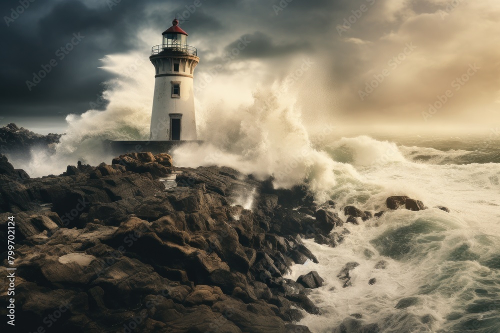 Dramatic Lighthouse Amid Stormy Waves