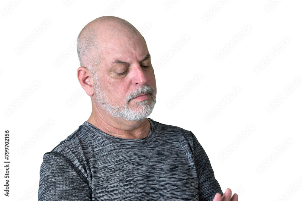 Fototapeta premium portrait adult man bald white beard face expression happy thoughtful male model gentleman in black clothes image.