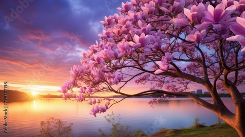 Stunning sunset over a lake with blooming magnolia tree