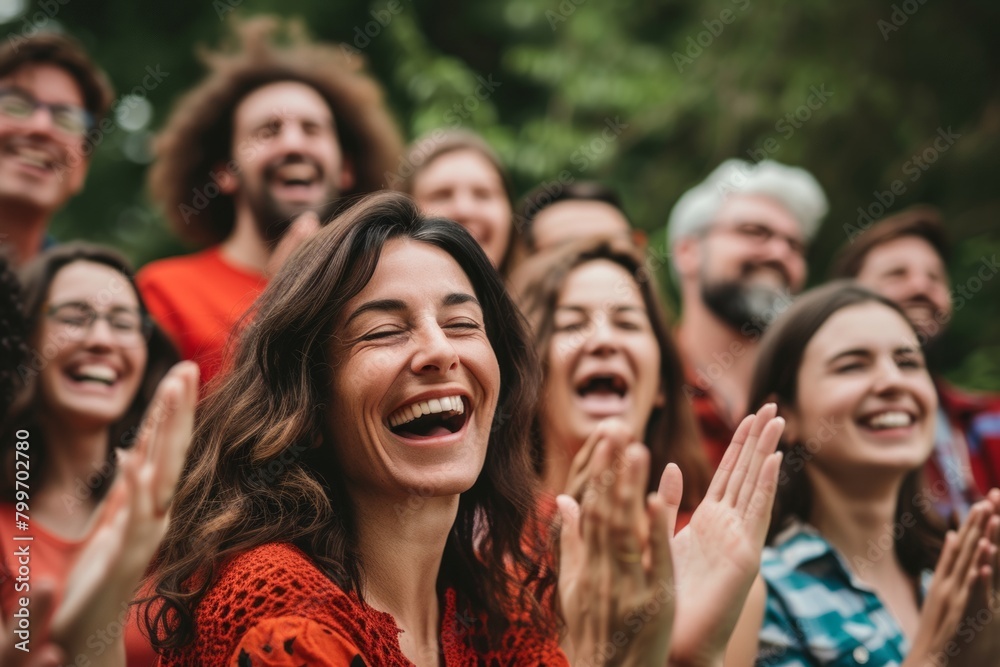 Group of happy young people clapping hands with closed eyes. Cheerful group of friends having fun together. Group of happy young people clapping hands with closed eyes. Cheerful group of friends having fun together.