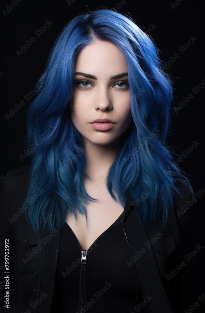 Striking blue-haired woman in dark outfit