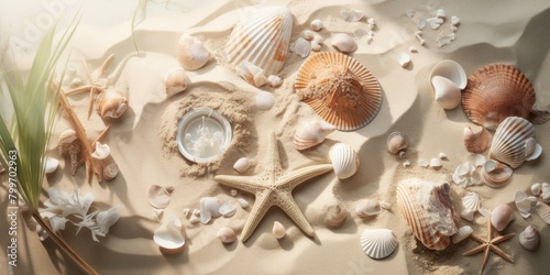 Seashells and beach decor on sand