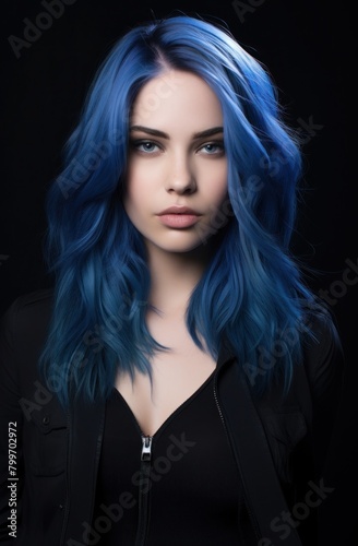 Striking blue-haired woman in dark outfit