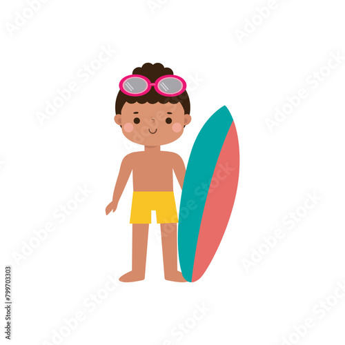 cute surfer kid character with surfboard on beach. Happy young surfer on the crest wave, flat vector illustration isolated on white background summer time 