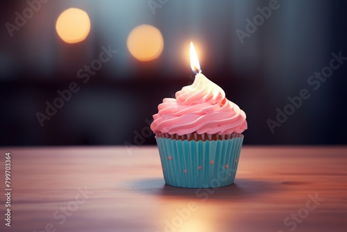 Delicious birthday cupcake with pink frosting and lit candle