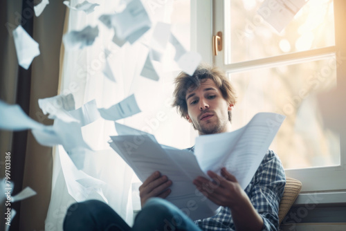 Man are stressed and reading paper sheet with paper flying. In the concept of problem, unsuccessful or failure photo