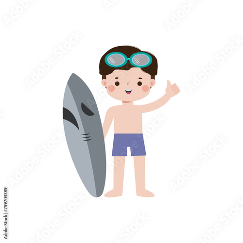 cute surfer kid character with surfboard on beach. Happy young surfer on the crest wave, flat vector illustration isolated on white background summer time  © phanuchat