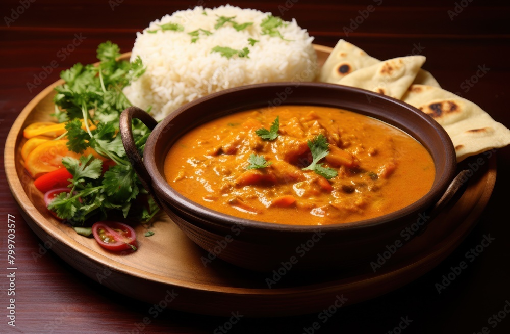 Delicious Indian curry dish with rice and naan bread