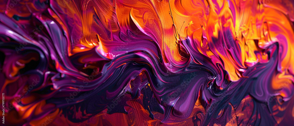 Ribbons of crimson red and fiery orange intertwining with bursts of electric purple, creating a mesmerizing dance agnst the backdrop of the night.