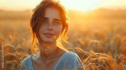 Serene Sunset: Woman in Wheat Field During Golden Hour © Maquette Pro