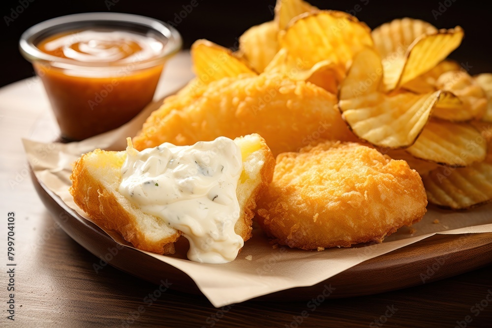 Delicious fried fish and chips with tartar sauce Delicious fried fish and chips with tartar sauce