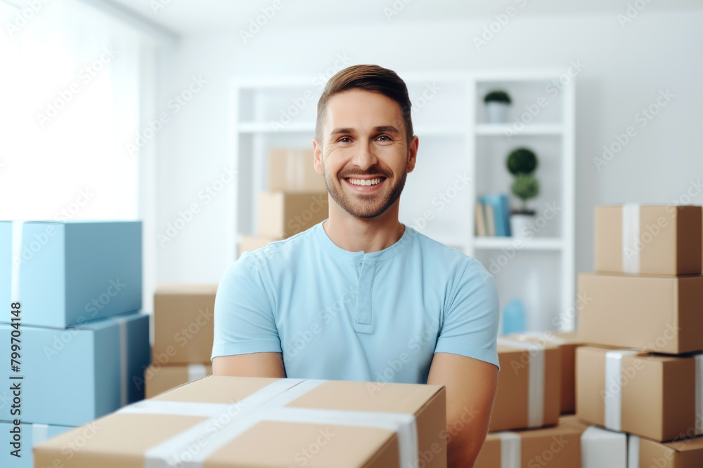 Man moving arrange cardboard box, home moving or renovation apartment Man moving arrange cardboard box, home moving or renovation apartment