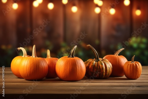 Autumn pumpkins on wooden table with festive lights